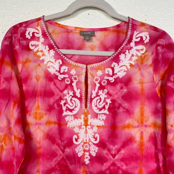 J Jill Top Women Medium Tie Dye Beaded Embroidered Shirt Blouse Bright Colorful - Picture 2 of 11